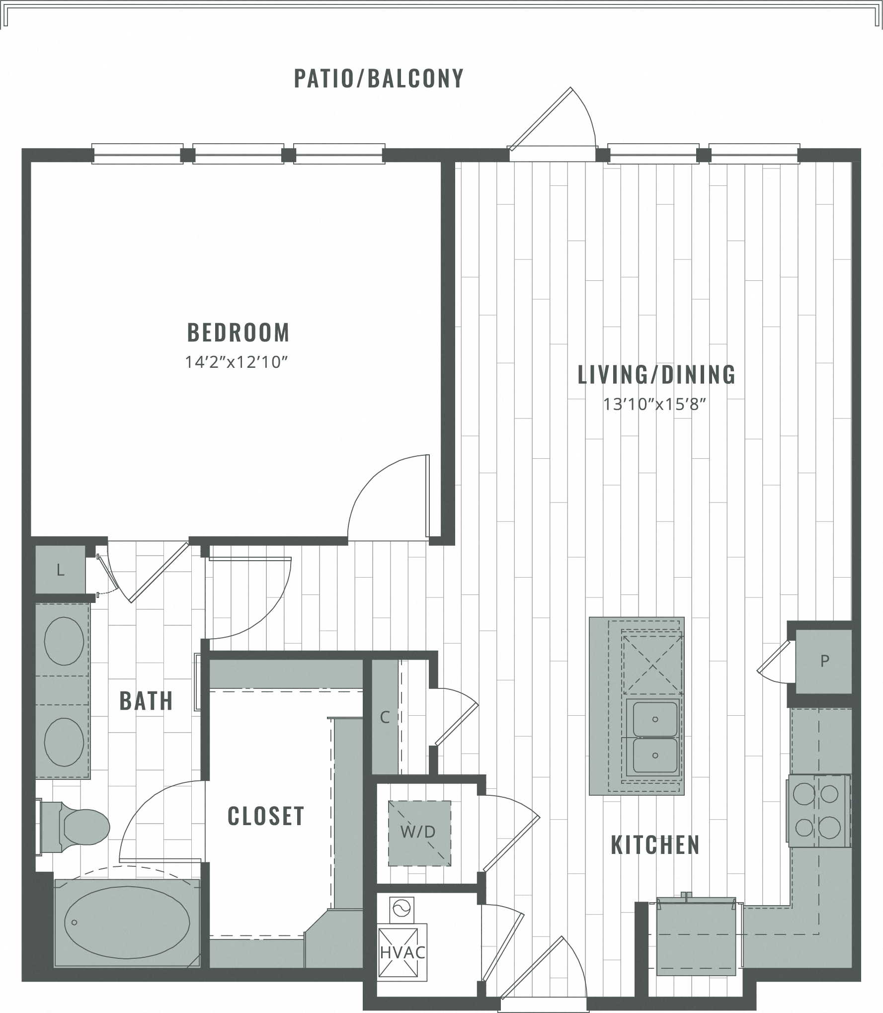 Floor plan for 1 bed, 1 bath, 853 sqft
